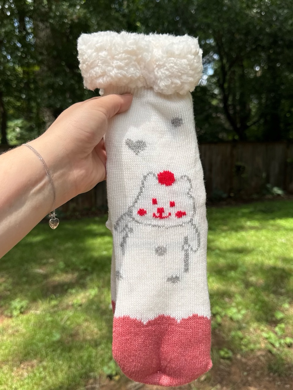 Cozy White & Pink Bear Fuzzy Lined Socks